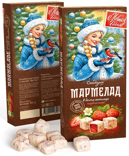 №1 Сладарт(11621) Мармелад Новогодний "Снегурочка" Клубничный в белом шоколаде, 150г   в Славянск-на-Кубани